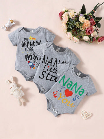 3pcs Baby Newborn Cute Letter Print Short Sleeve Bodysuit Set, Summer Party