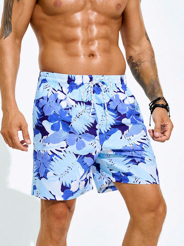 Men Drawstring Waist Beach Shorts With Plant Print