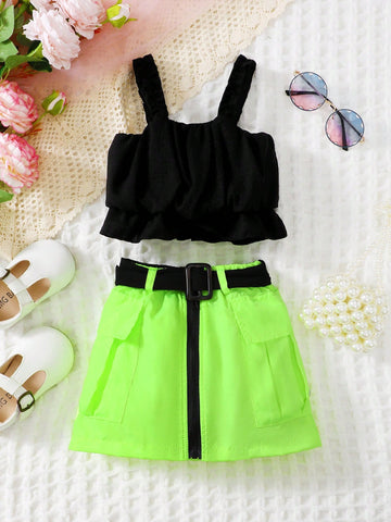 Infant/Toddler Girls Solid Color Ruffle Strap Top And Waist Belted Shorts Set