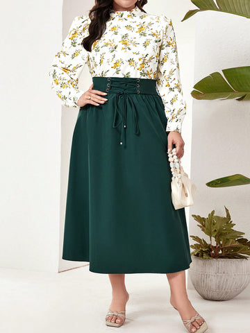 Plus Size Casual Floral Print Long Sleeve T-Shirt And Minimalist Tie-Waist Skirt Set