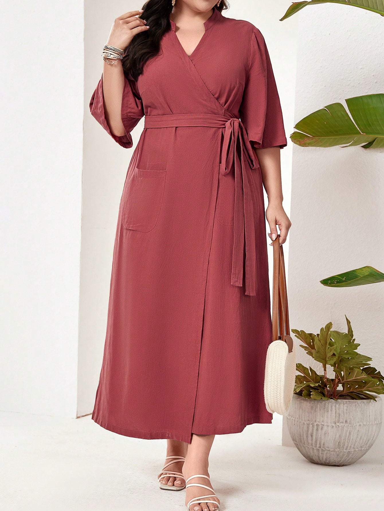 Plus Size Solid Color Notch Neck Loose Fit Casual Dress With Waist Belt For Spring And Summer