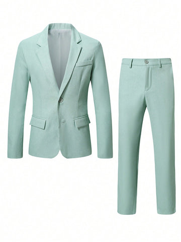 Men Pure Color Simple Blazer And Suit Pants Set