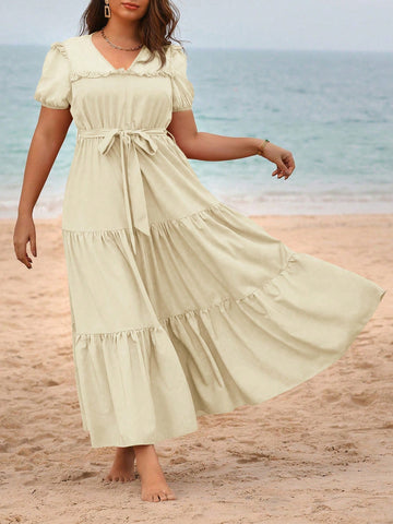 Plus Size V-Neck Belted Vacation Style Solid Color Minimalist Dress For Spring And Summer