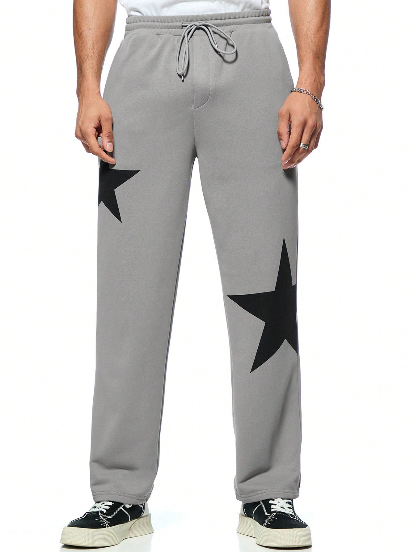 Men's Grey Straight Wide-Leg Sweatpants With Stars Printed