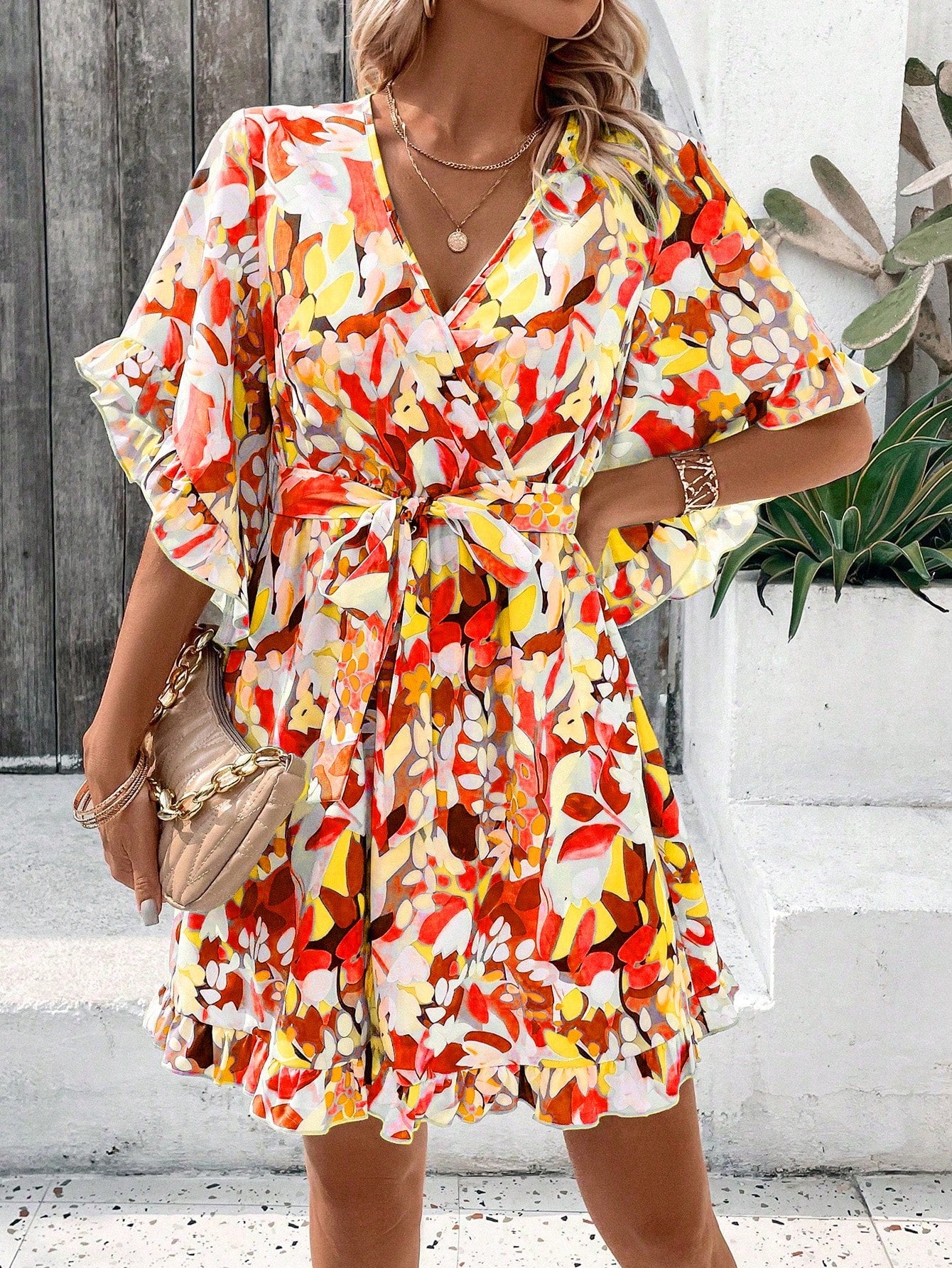 V-Neck Cross Wrap Belted Allover Flower Print Summer Vacation Dress