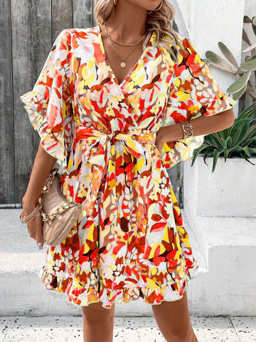 V-Neck Cross Wrap Belted Allover Flower Print Summer Vacation Dress