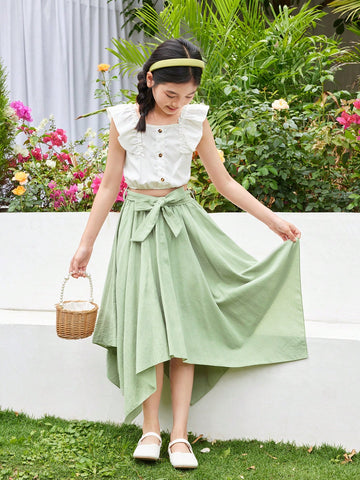 Tween Girl Loose Fit Casual Solid Color Simple Irregular Hem Mid-Calf Skirt