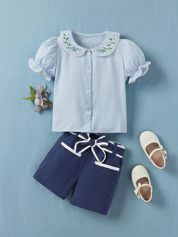 Young Girl Summer Plant Embroidery Short Puff Sleeve Doll Collar Shirt + Shorts Set