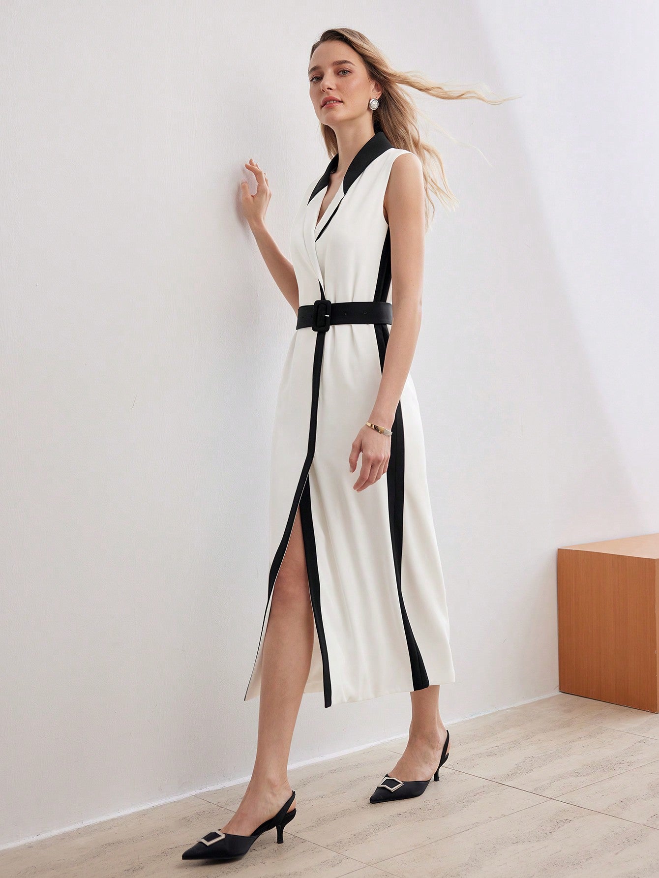 TWO TONE SHAWL COLLAR SLANT POCKET BUCKLE BELTED DRESS