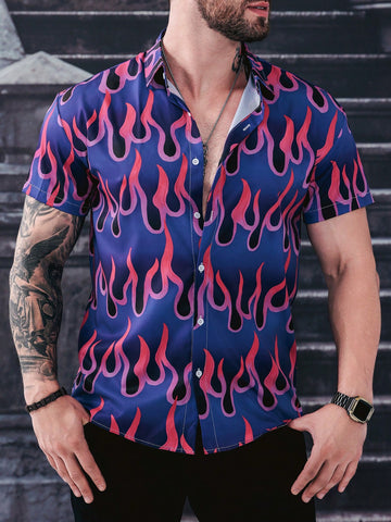 Men Fashionable Tadpole Print Short Sleeve Shirt (Irregular Cut)