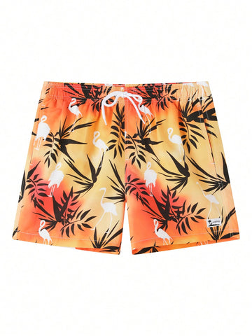 Men Casual Vacation Swim Trunks With Flamingos And Plants Printed And Tie-Dyeing Design For Beach