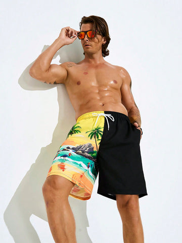 Men Printed Patchwork Drawstring Beach Shorts For Holiday Outfit