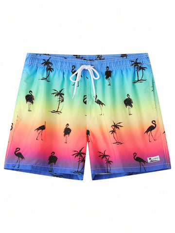 Men Drawstring Coconut Tree Printed Casual Beach Shorts