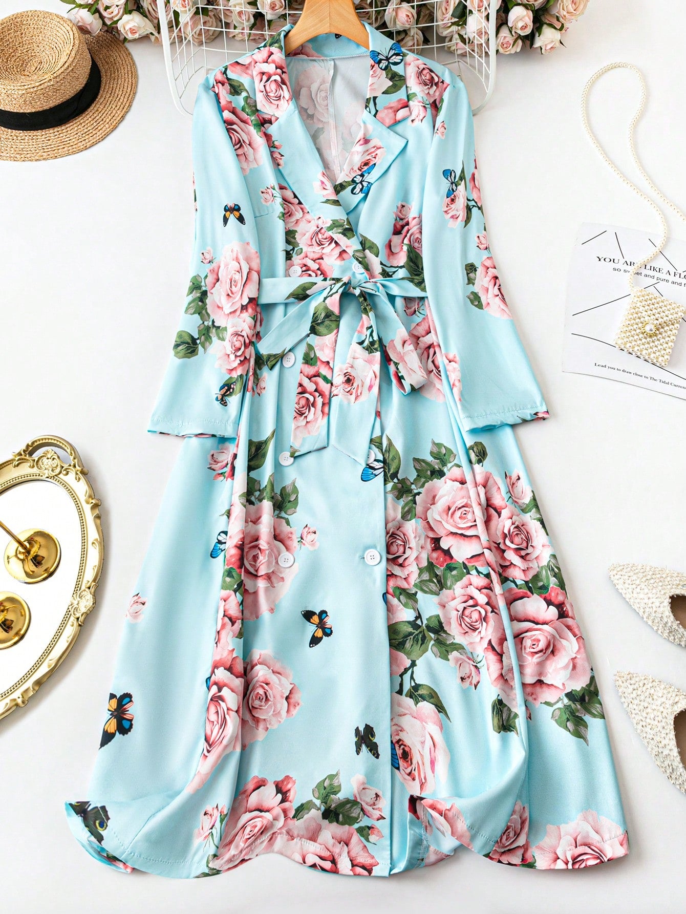 Plus Size Floral Print Square Collar Double-Breasted Spring Casual Dress