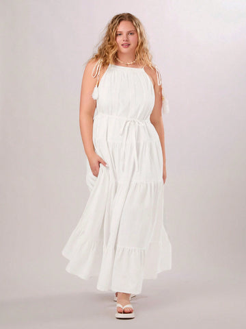 Summer Vacation Beach Plus Size Women Spaghetti Strap Long Dress With Fringe And Asymmetric Hem