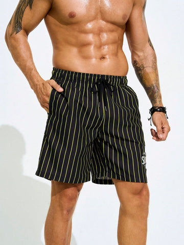 Men Striped And Printed Drawstring Vacation Beach Shorts For Spring/Summer