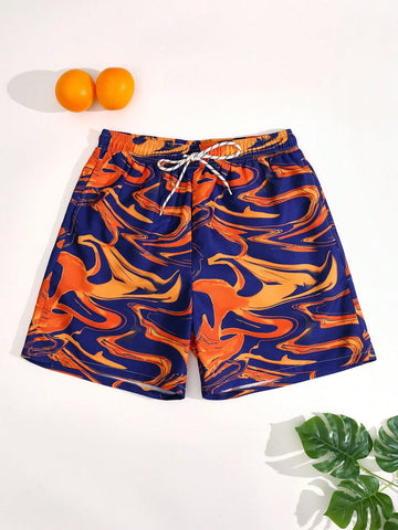 Men Casual Marble Printed Summer Beach Shorts With Random Print