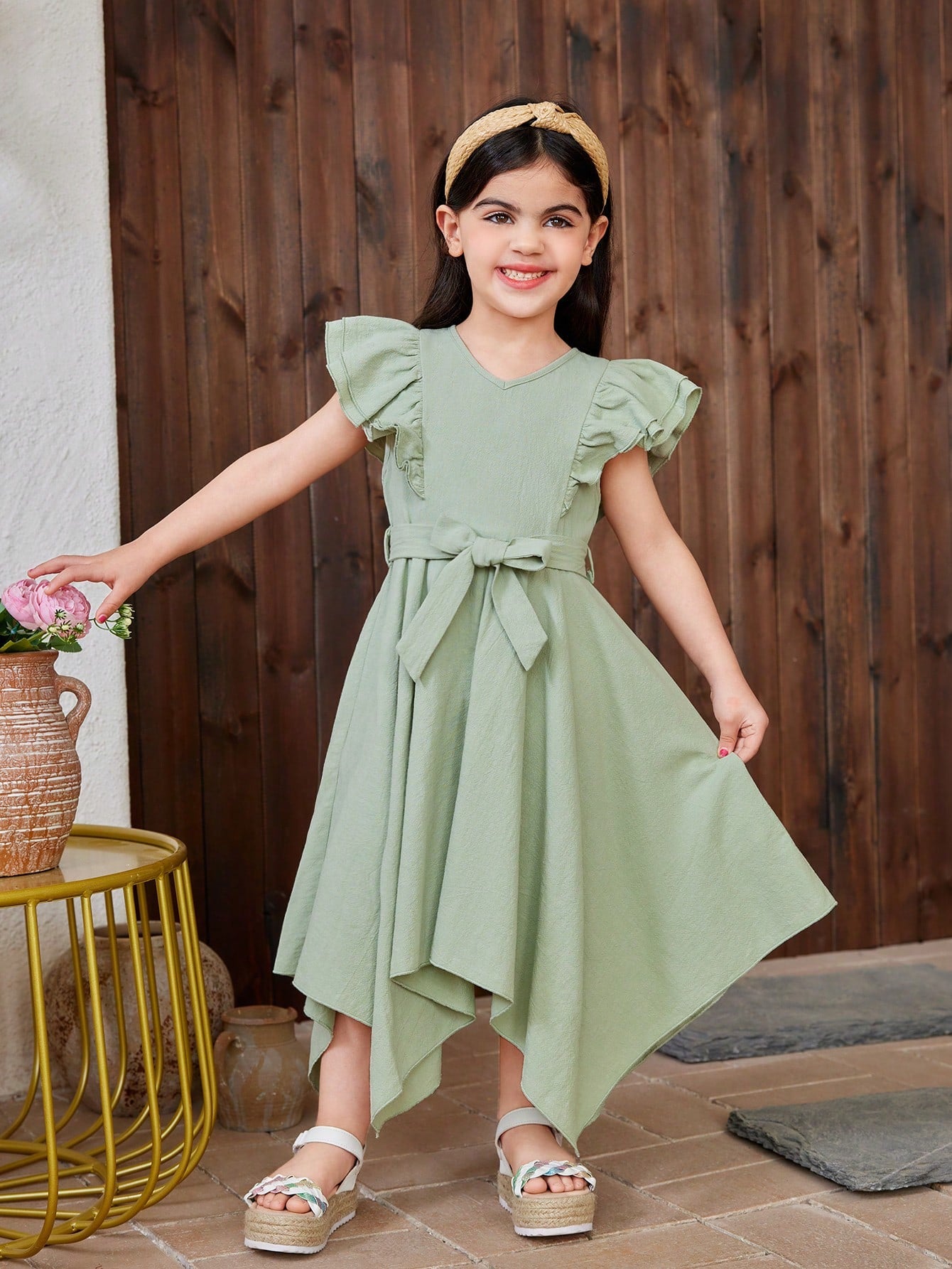 Young Girl Woven Solid Color V-Neck Lotus Leaf Edge Irregular Hem Fit Casual Dress