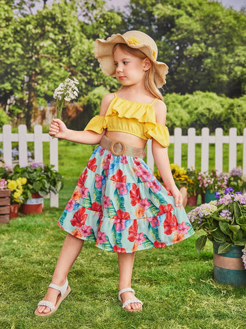 Young Girl Cute Sweet Elegant Ladylike Set Of Ruffle Edge Cami Top And Floral Skirt