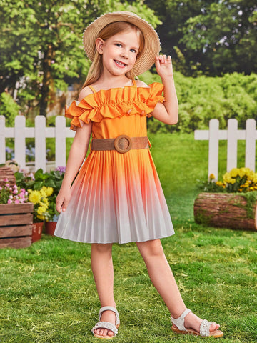 Young Girl Gradient Color Strapless Ruffle Hem Pleated Belted Dress With Waistband