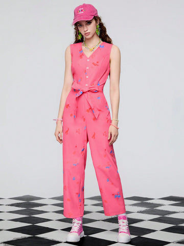 Women's Summer Graphic Print Half Button Sleeveless Jumpsuit