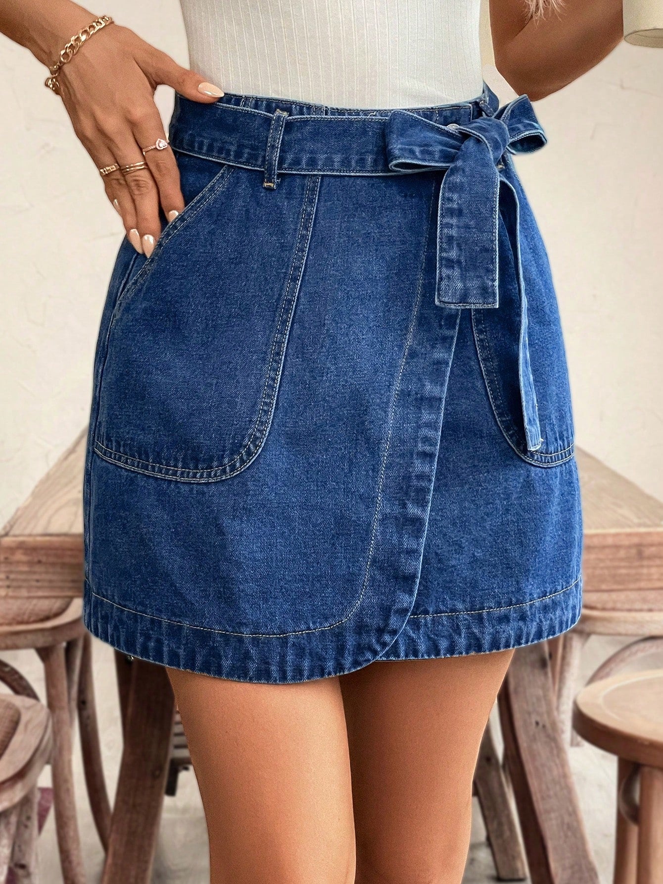 Women Jeans Skirt Casual Blue Denim Mini Skirt With Belt Tea Party Attire Women Skirt Denim Skirt With Pockets One Piece Skirt Irregular Hem Casual Denim Skirt Waist Strap