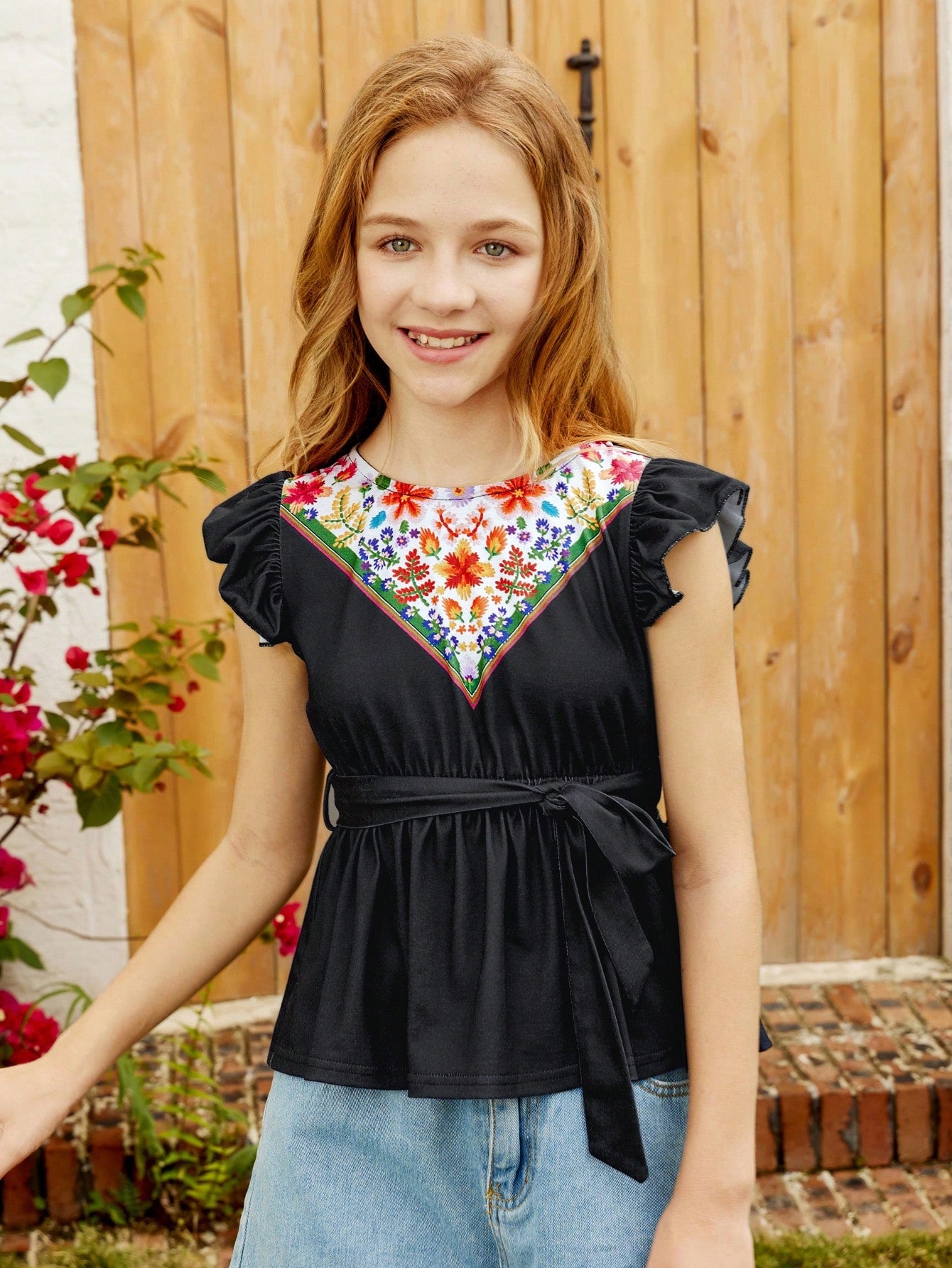 Tween Girl Loose  Vacation Print Ruffled Hem T-Shirt