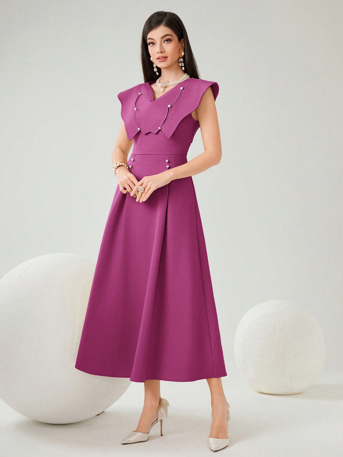 Women Summer Solid Color V-Neck Faux Pearl Decorated Long Elegant Dress