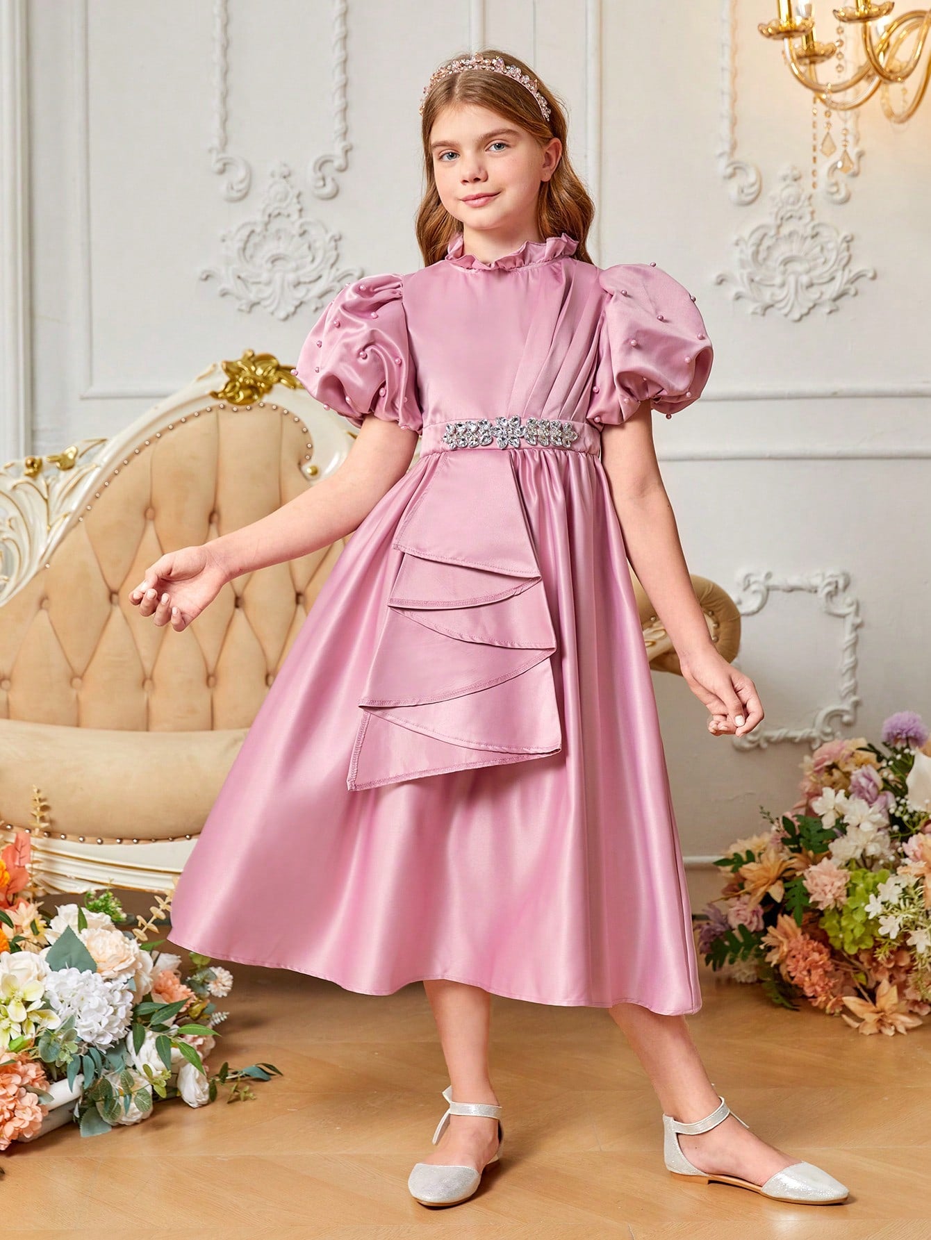 Tween Girls' Gorgeous Vintage Court Style Puff Sleeve Dress With Ruffle Trim And A-Shaped Hem