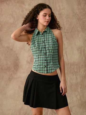 Summer Sleeveless Turn-Down Collar Plaid Blouse With College Style