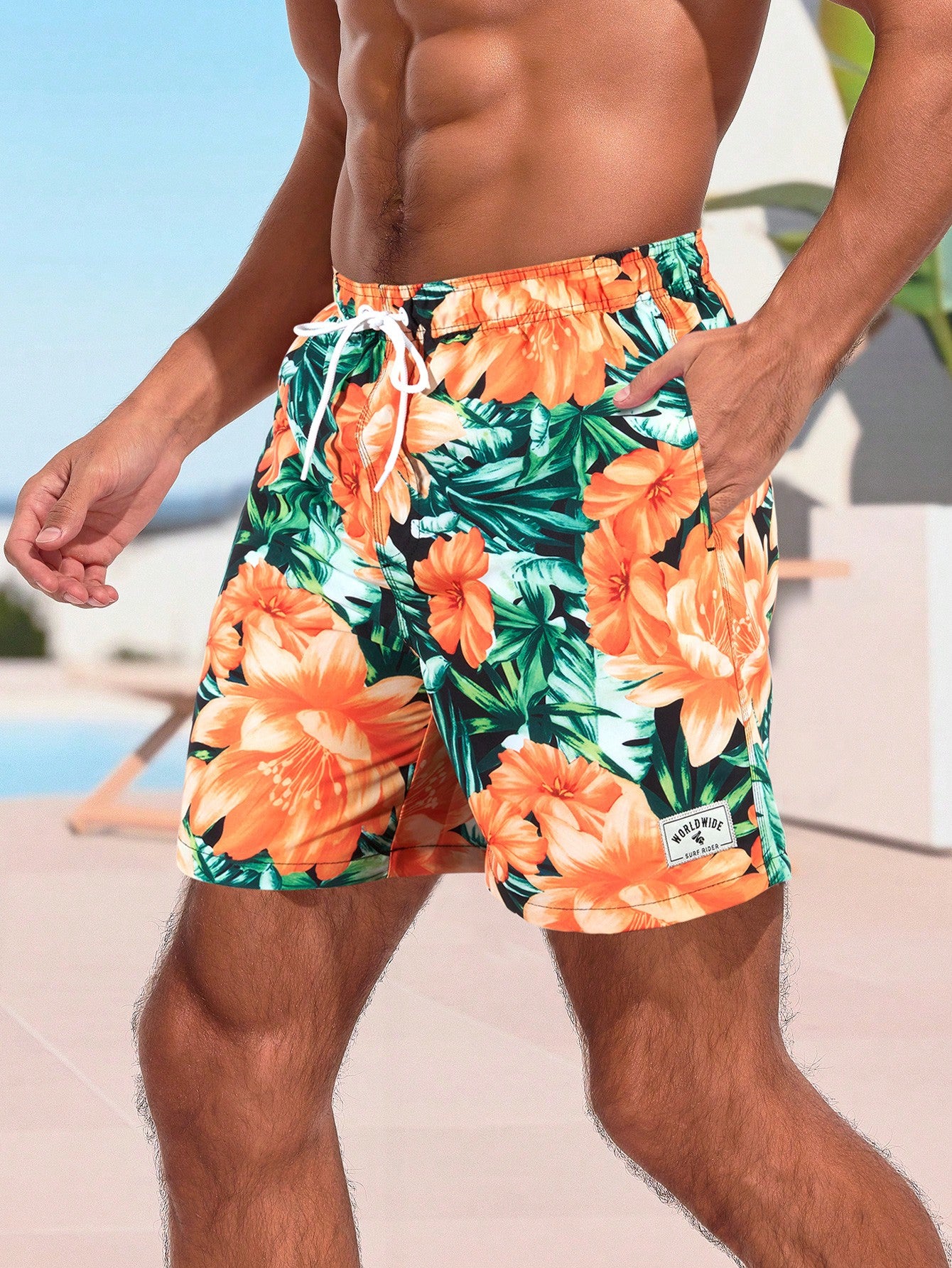 Men Colorful Printed Drawstring Swim Trunks