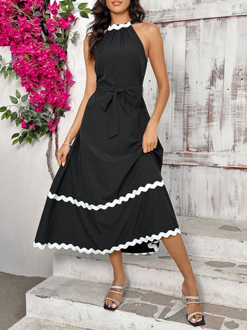 Women Elegant Color-Block Contrast Tape Halter Long Dress For Summer