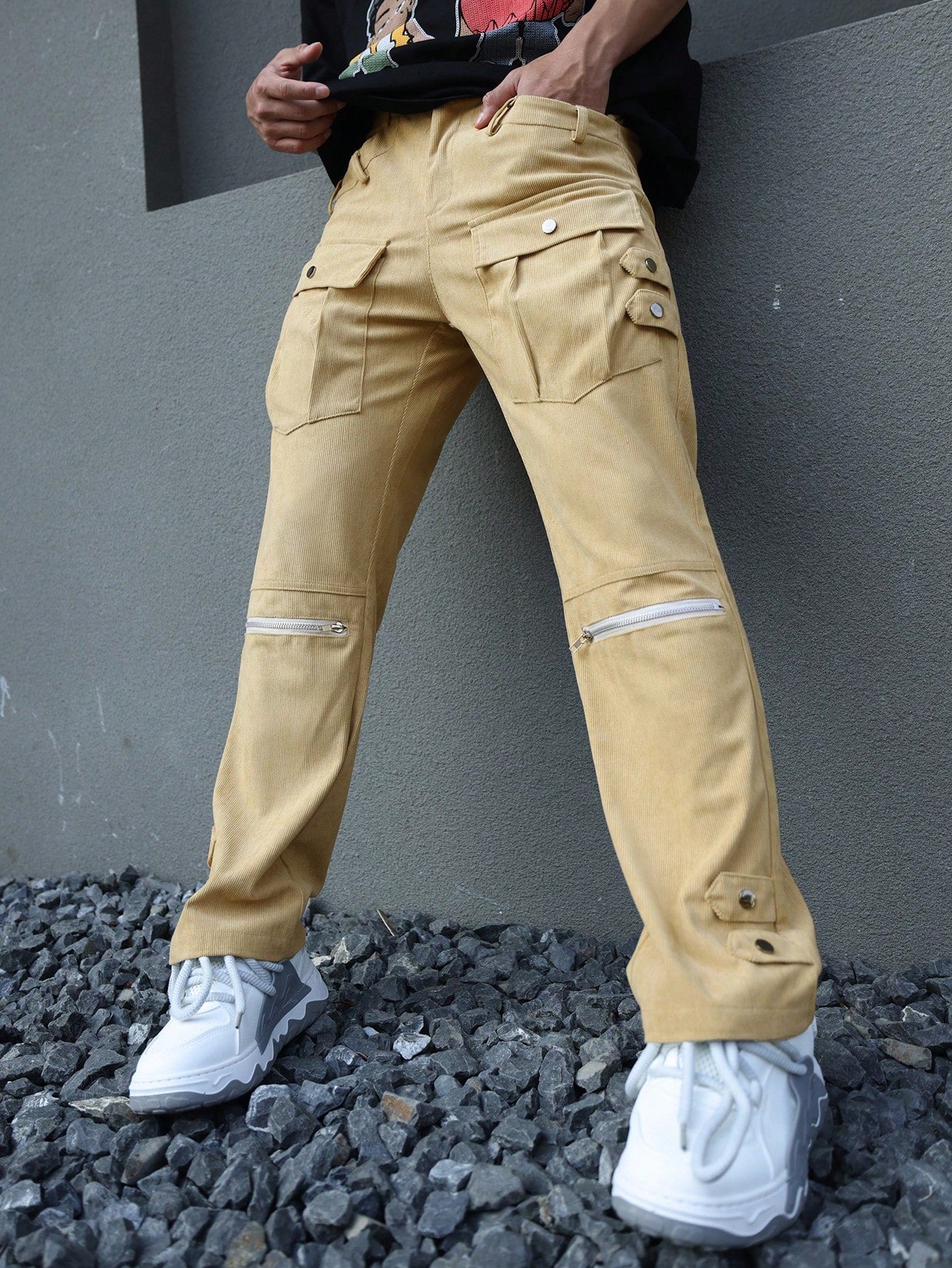 Men Loose Casual Pants With Workwear Style Pockets And Zipper Design