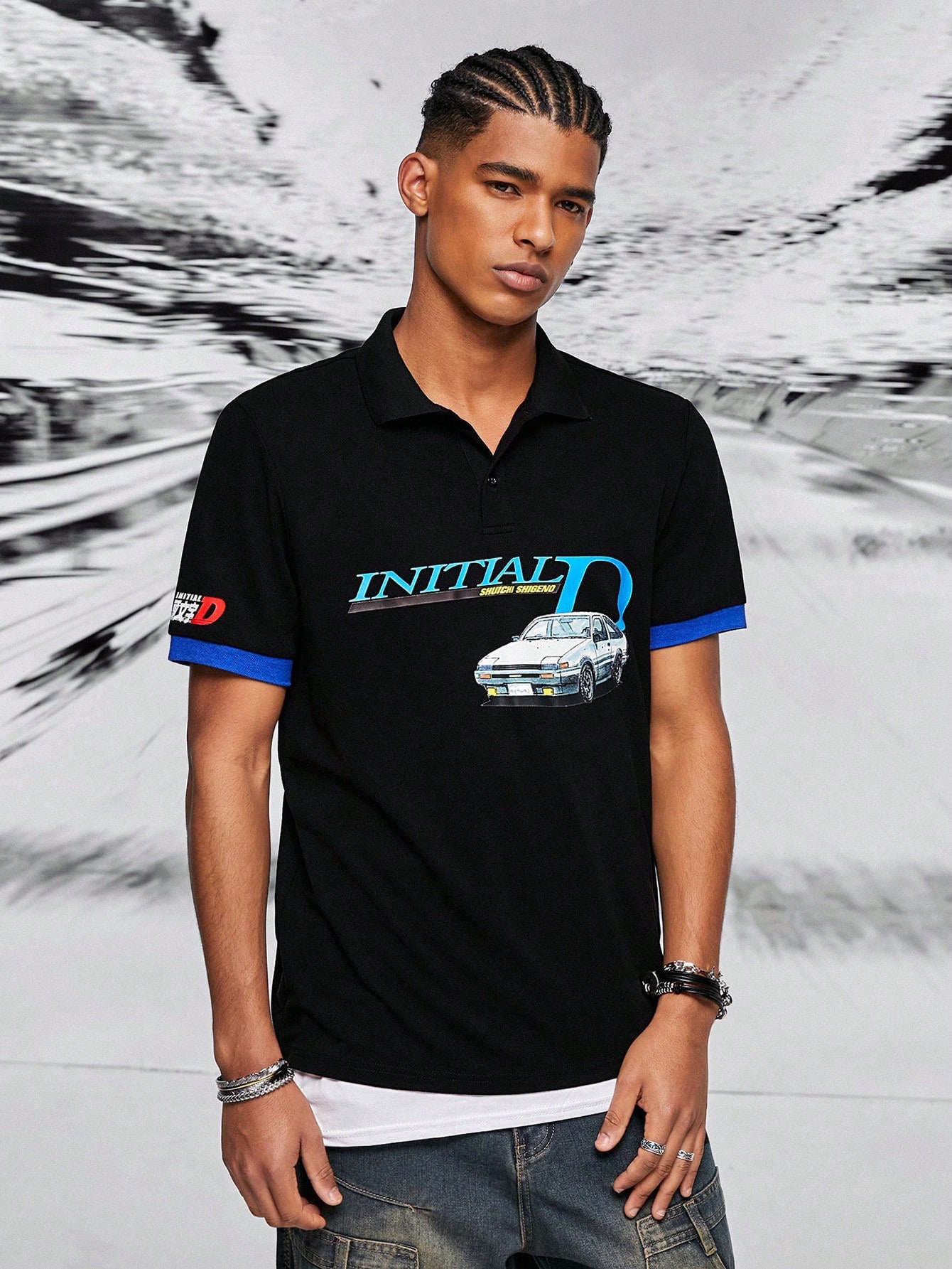 Men's Combined Casual Knit Classic Logo Car Printed Black Short Sleeve Polo Shirt