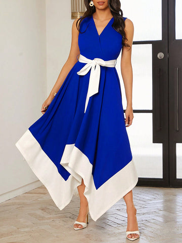 Summer Women Elegant V-Neck Sleeveless Colorblock Irregular Hem Dress