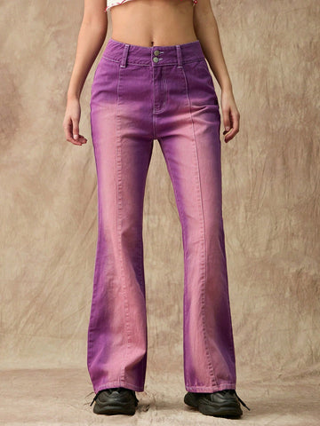 Vintage Wash Contrast Color Flared Purple Denim Pants