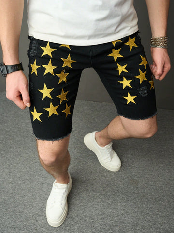 Men's Spring/Summer Casual Denim Shorts With Five-Pointed Star Embroidery And Frayed Hem