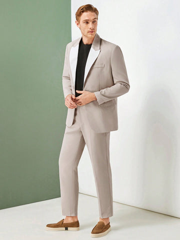 Men Casual Colorblock Lapel Jacket And Solid Color Long Pants Suit