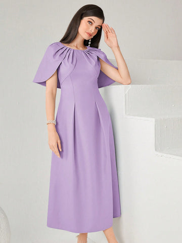 Women Summer Solid Color Round Neck Cape Sleeve Maxi Elegant Dress