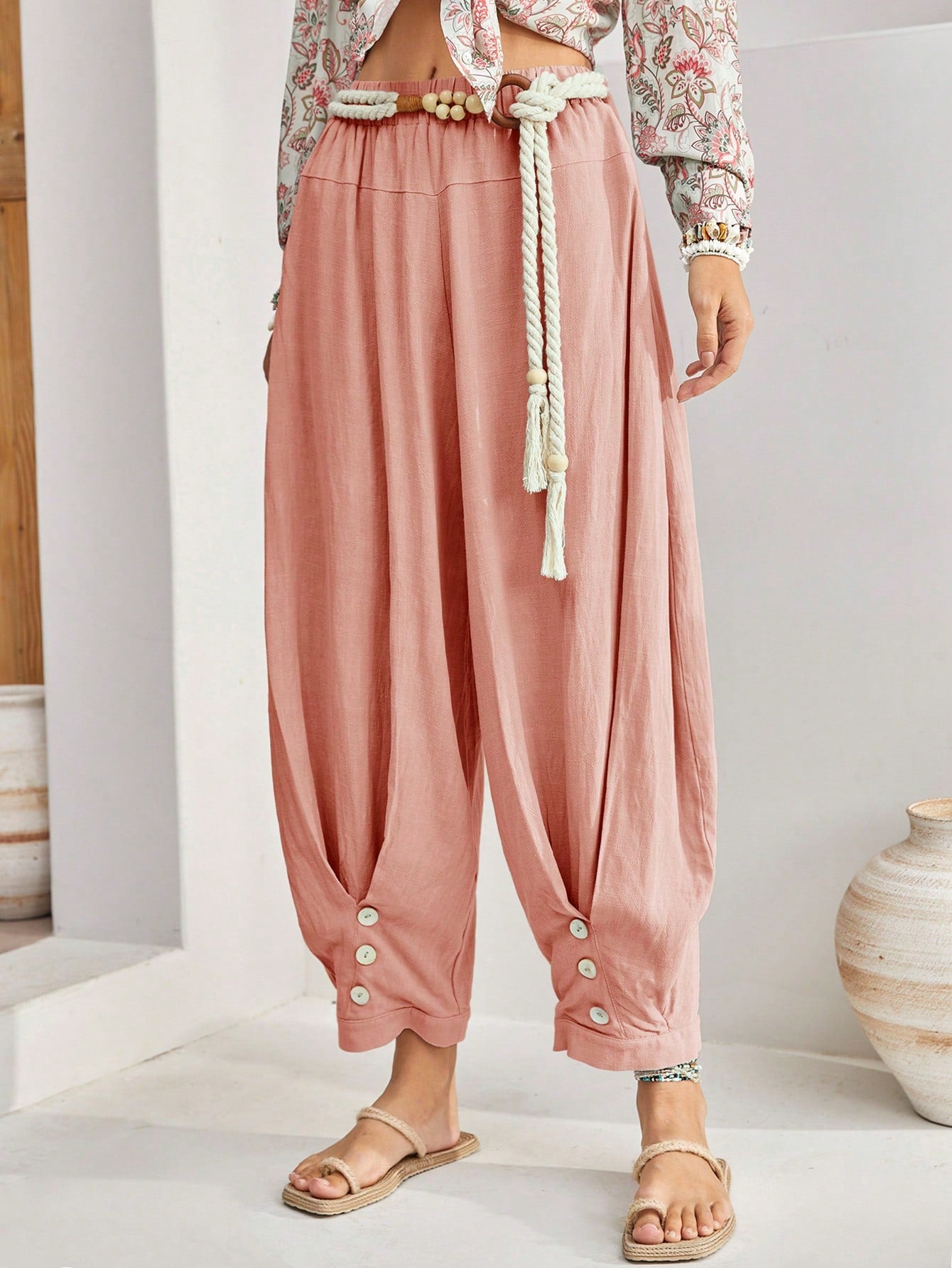 Women Solid Color Belted Button Decoration Casual Long Pants