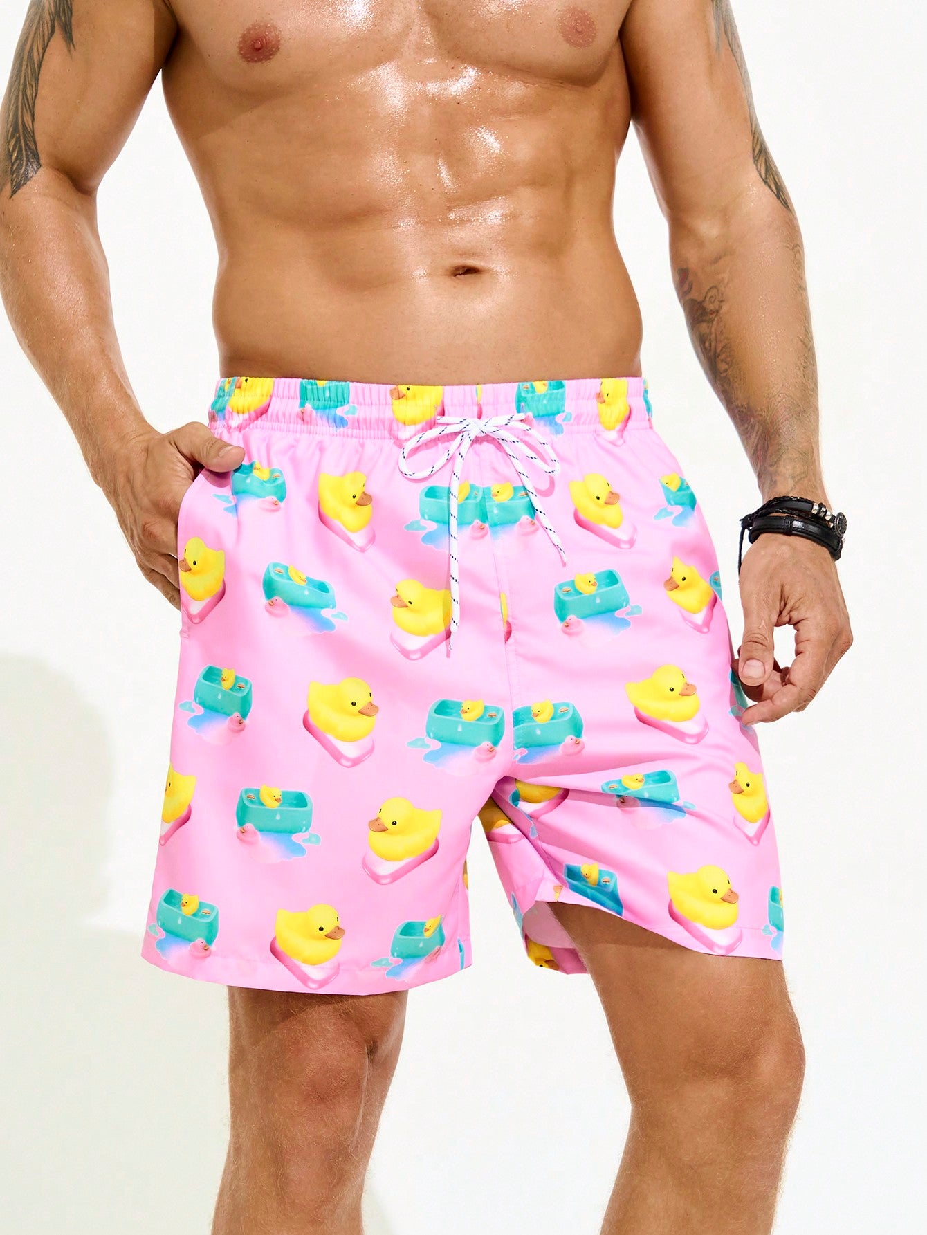 Men Cartoon Printing Casual Beach Shorts With Drawstring Waist