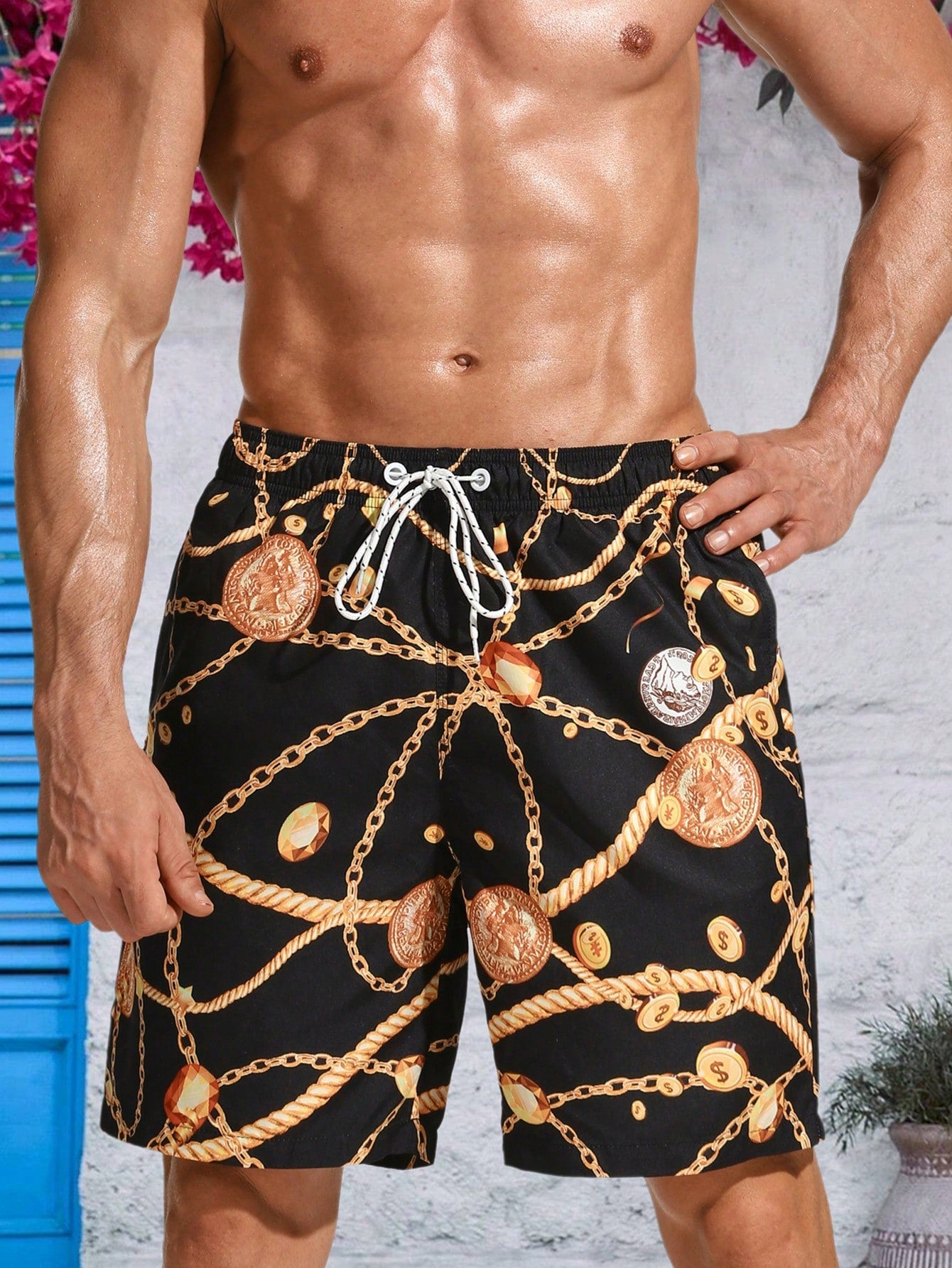 Men Drawstring Metal Chain Print Beach Shorts With Pockets, Perfect For Wearing To The Beach, Vacation, Or At The Swimming Pool In Summer