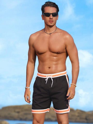 Men Casual Beach Shorts With Drawstring And Color-Block Design