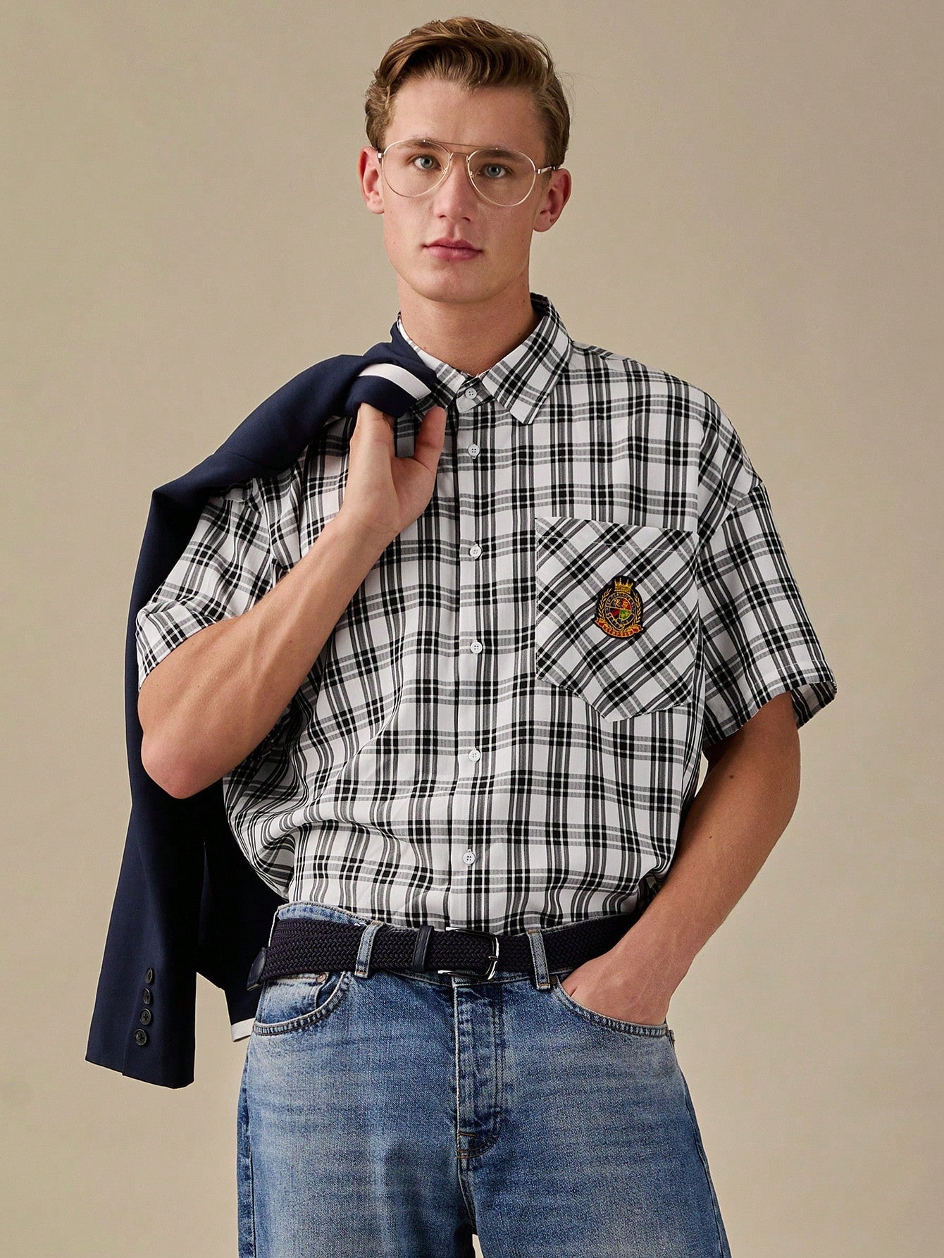 Men Fashion Black And White Checkered Printed Short Sleeve Shirt