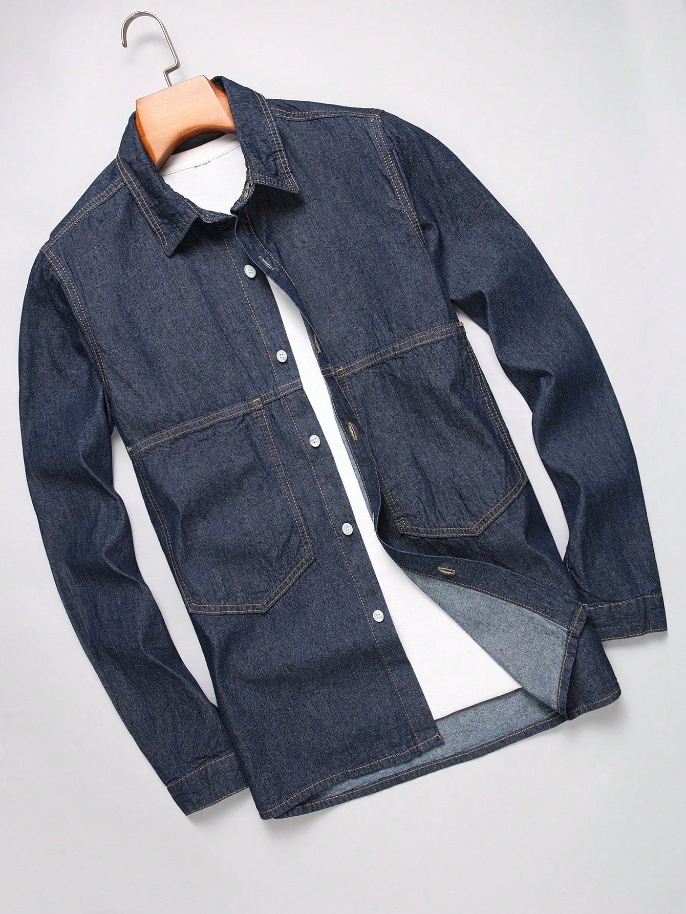 Men Solid Color Turn-Down Collar Button Front Long Sleeve Denim Shirt