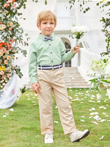 Young Boy Gentleman 2pcs/Set Light Green Long Sleeve Shirt And Suit Pants With Belt, Fashionable For Birthday Party, Evening Event, Wedding, Christening, Full Month Celebration