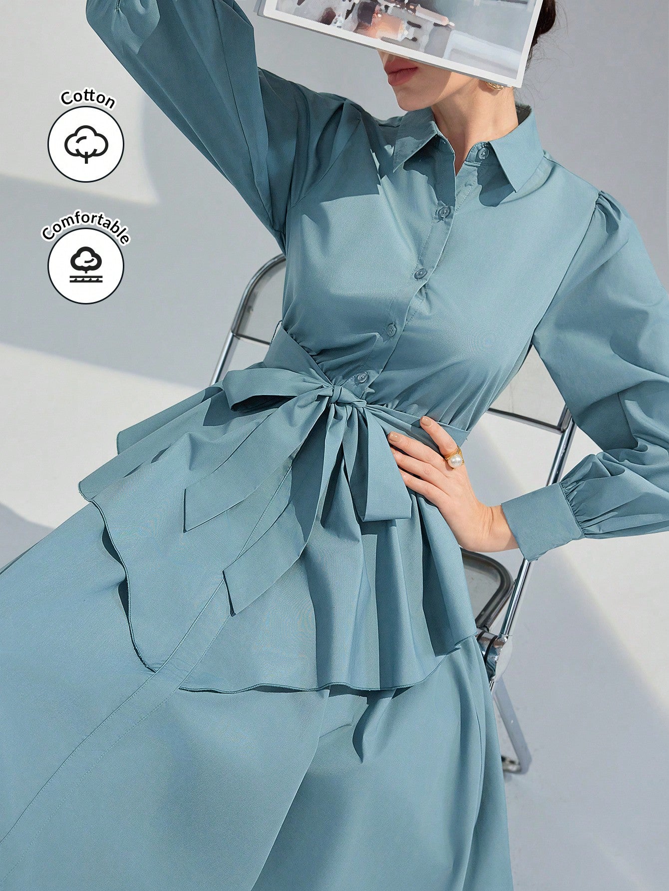 Women's Spring And Summer Solid Color Long Sleeve Casual Shirt Dress