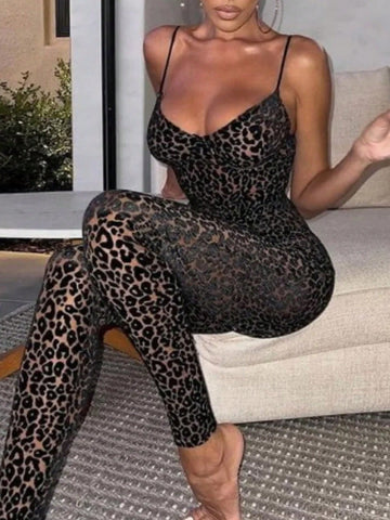 Sexy Leopard Pattern Mesh Tight Jumpsuit Unitard With Spaghetti Straps - E