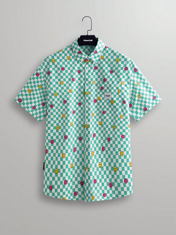 Men Checkerboard Pattern Smiling Face Print Short-Sleeved Woven Casual Shirt For Summer