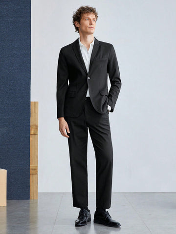 Men Solid Color Woven Flat Collar Single Breasted Suit Jacket And Suit Pants Casual Suit Set